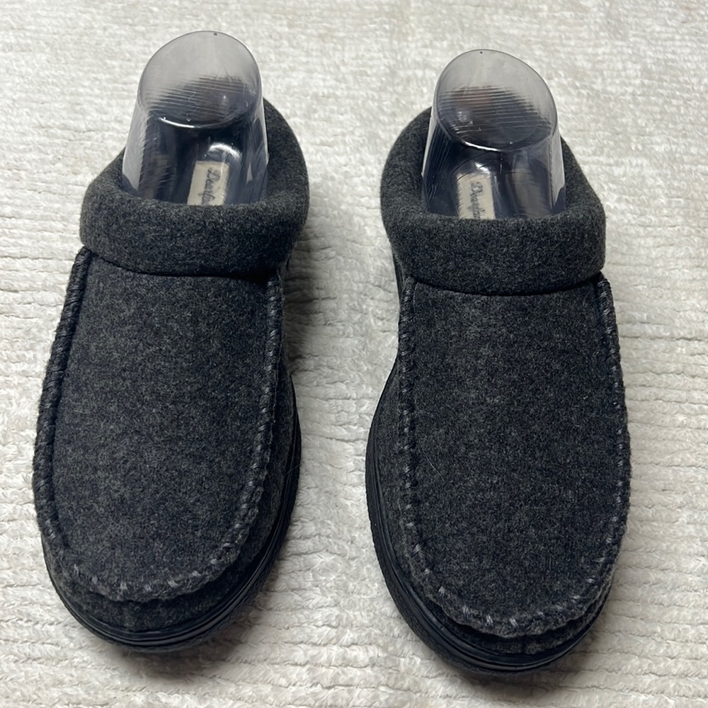 Dearfoam Slipper Mules Grey Black Large 11/12 New plaid Hard Sole